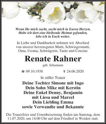 Traueranzeige von Renate Rahner von Super Sonntag Wittenberg