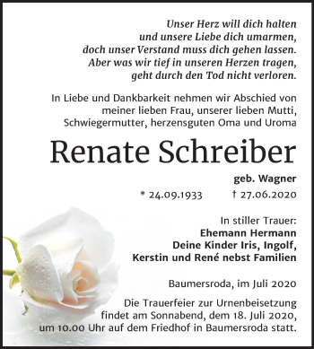Traueranzeige von Renate Schreiber von Wochenspiegel Naumburg/Nebra