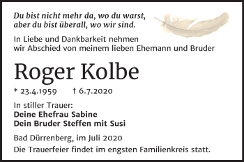 Traueranzeige von Roger Kolbe von Super Sonntag Merseburg/Querfurt