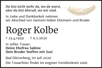 Traueranzeige von Roger Kolbe von Mitteldeutsche Zeitung Merseburg/Querfurt