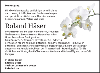 Traueranzeige von Roland Häser von Wochenspiegel Bitterfeld