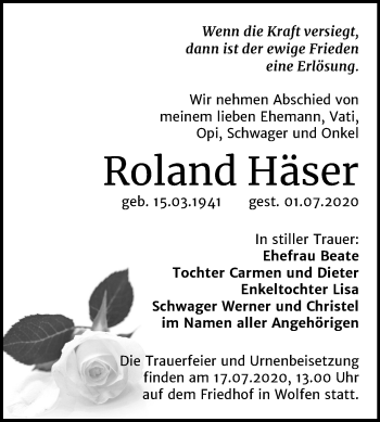 Traueranzeige von Roland Häser von Mitteldeutsche Zeitung Bitterfeld