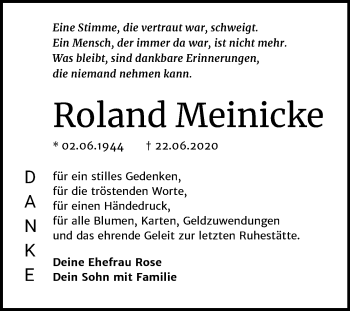 Traueranzeige von Roland Meinicke von Mitteldeutsche Zeitung Mansfelder Land