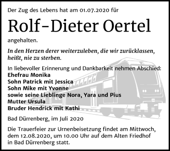 Traueranzeige von Rolf Dieter Oertel von Mitteldeutsche Zeitung Merseburg/Querfurt