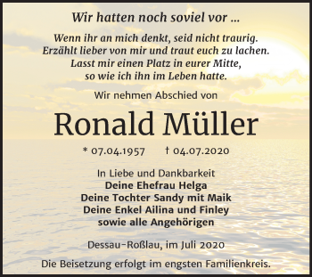 Traueranzeige von Ronald Müller von Super Sonntag Dessau-Roßlau