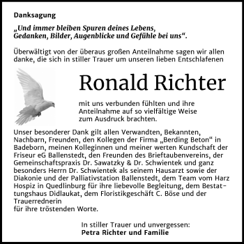 Traueranzeige von Ronald Richter von Mitteldeutsche Zeitung Quedlinburg