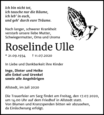 Traueranzeige von Roselinde Ulle von Mitteldeutsche Zeitung Sangerhausen