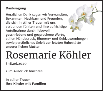 Traueranzeige von Rosemarie Köhler von Mitteldeutsche Zeitung Wittenberg