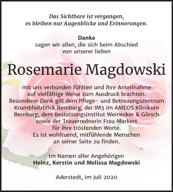 Traueranzeige von Rosemarie Magdowski von Mitteldeutsche Zeitung Bernburg