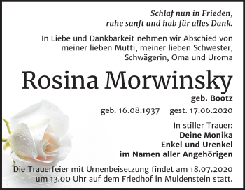 Traueranzeige von Rosina Morwinsky von Wochenspiegel Bitterfeld