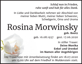 Traueranzeige von Rosina Morwinsky von Mitteldeutsche Zeitung Bitterfeld