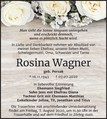 Traueranzeige von Rosina Wagner von Wochenspiegel Bitterfeld