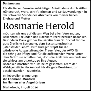 Traueranzeige von Rosmarie Herold von Mitteldeutsche Zeitung Mansfelder Land