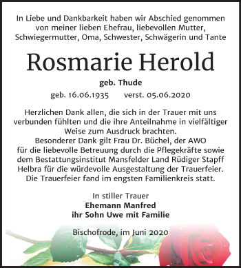 Traueranzeige von Rosmarie Herold von Mitteldeutsche Zeitung Mansfelder Land