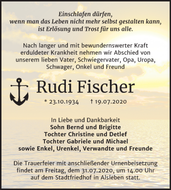Traueranzeige von Rudi Fischer von Super Sonntag Bernburg