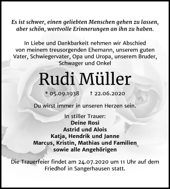 Traueranzeige von Rudi Müller von Super Sonntag Sangerhausen