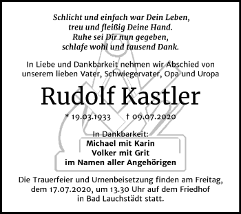 Traueranzeige von Rudolf Kastler von Wochenspiegel Merseburg/Querfurt