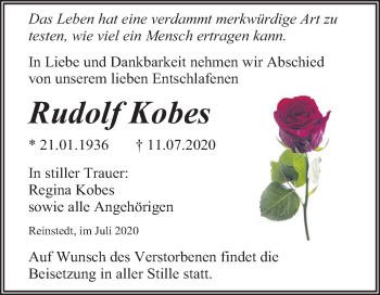 Traueranzeige von Rudolf Kobes von Mitteldeutsche Zeitung Aschersleben / Quedlinburg