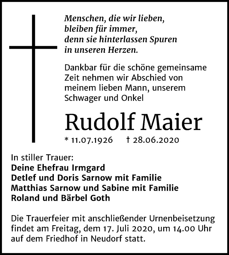  Traueranzeige für Rudolf Maier vom 03.07.2020 aus Mitteldeutsche Zeitung Quedlinburg