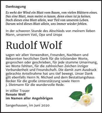 Traueranzeige von Rudolf Wolf von Mitteldeutsche Zeitung Sangerhausen