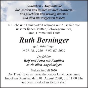Traueranzeige von Ruth Berninger von Mitteldeutsche Zeitung Sangerhausen