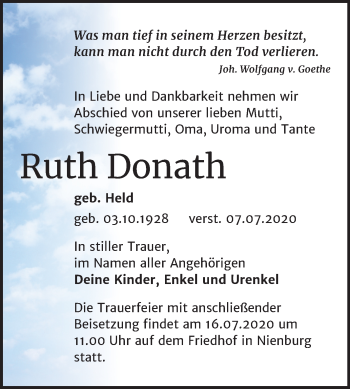 Traueranzeige von Ruth Donath von Super Sonntag Bernburg