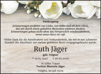Traueranzeige von Ruth Jäger von Mitteldeutsche Zeitung Zeitz