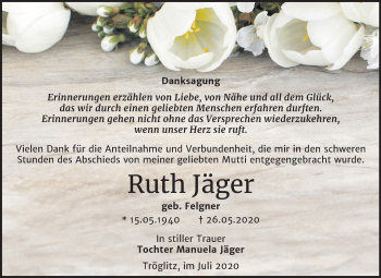Traueranzeige von Ruth Jäger von Super Sonntag Zeitz
