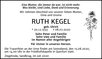 Traueranzeige von Ruth Kegel von Wochenspiegel Merseburg/Querfurt