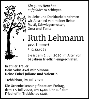 Traueranzeige von Ruth Lehmann von Super Sonntag Dessau-Roßlau