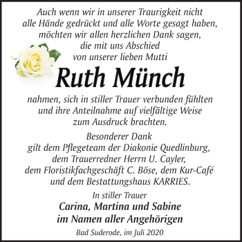 Traueranzeige von Ruth Münch von Super Sonntag Quedlinburg