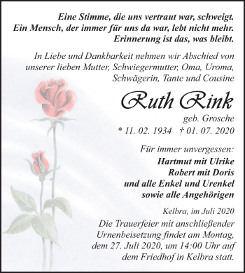 Traueranzeige von Ruth Rink von Mitteldeutsche Zeitung Sangerhausen