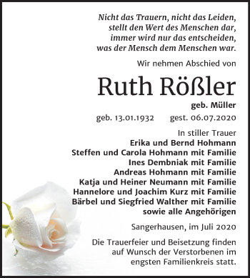Traueranzeige von Ruth Rößler von Super Sonntag Sangerhausen