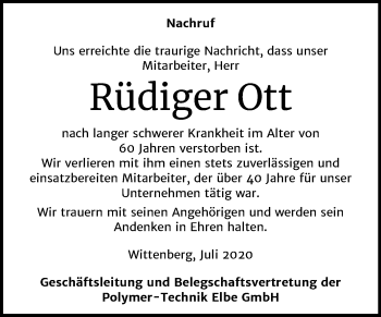 Traueranzeige von Rüdiger Ott von Super Sonntag Wittenberg