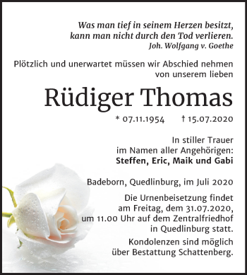 Traueranzeige von Rüdiger Thomas von Mitteldeutsche Zeitung Quedlinburg