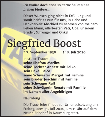 Traueranzeige von Siegfried Boost von Wochenspiegel Naumburg/Nebra