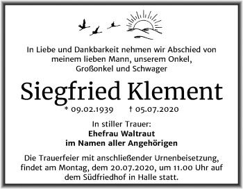 Traueranzeige von Siegfried Klement von Mitteldeutsche Zeitung Halle/Saalkreis