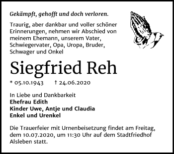 Traueranzeige von Siegfried Reh von Super Sonntag Bernburg