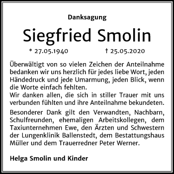 Traueranzeige von Siegfried Smolin von Mitteldeutsche Zeitung Aschersleben