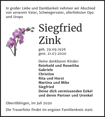 Traueranzeige von Siegfried Zink von Super Sonntag Sangerhausen