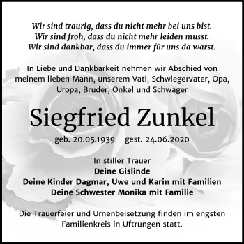 Traueranzeige von Siegfried Zunkel von Super Sonntag Sangerhausen