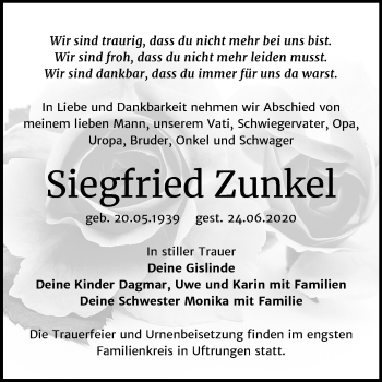 Traueranzeige von Siegfried Zunkel von Mitteldeutsche Zeitung Sangerhausen