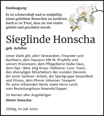 Traueranzeige von Sieglinde Honscha von Mitteldeutsche Zeitung Bitterfeld