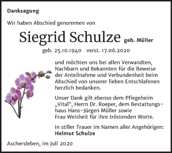 Traueranzeige von Siegrid Schulze von Super Sonntag Aschersleben