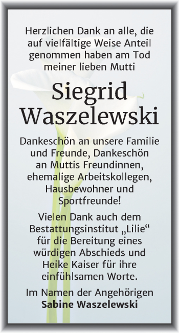 Traueranzeige von Siegrid Waszelewski von Mitteldeutsche Zeitung Dessau-Roßlau