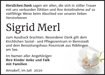 Traueranzeige von Sigrid Merl von Super Sonntag Mansfelder Land