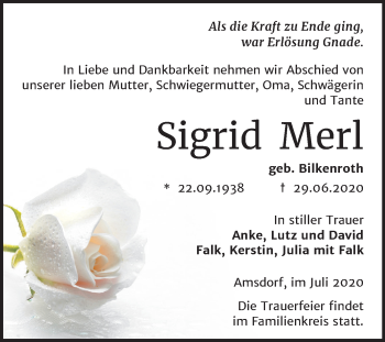 Traueranzeige von Sigrid Merl von Mitteldeutsche Zeitung Mansfelder Land