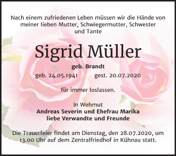 Traueranzeige von Sigrid Müller von Super Sonntag Dessau-Roßlau