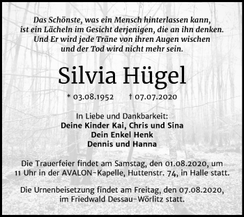 Traueranzeige von Silvia Hügel von Mitteldeutsche Zeitung Halle/Saalkreis