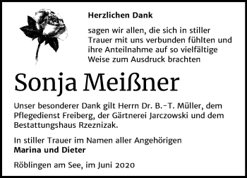 Traueranzeige von Sonja Meißner von Wochenspiegel Mansfelder Land
